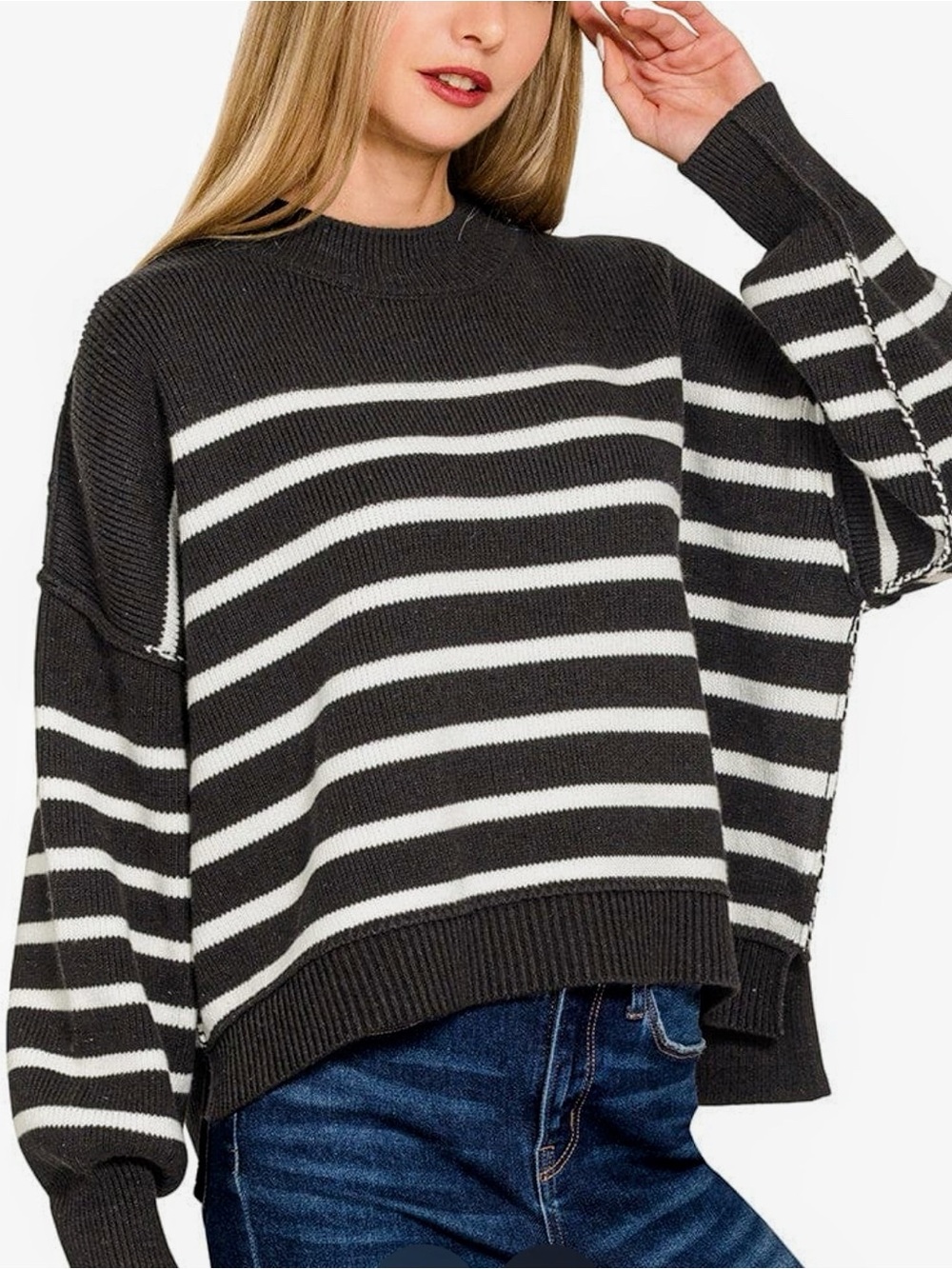 Zenana Outfitters Black and White Striped Crewneck Sweater with exposed seams